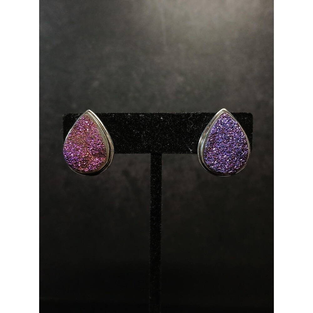 Sterling Silver 925 Druzy Teardrop Clip On Earrings